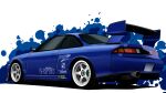  absurdres blue_car car highres manziqr motor_vehicle nissan nissan_s14_silvia nissan_silvia no_humans original paint_splatter shadow spoiler_(automobile) sponsor sports_car vehicle_focus 