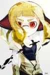  1girl agent_3_(splatoon_3) agent_4_(splatoon) agent_4_(splatoon)_(cosplay) black_shirt blonde_hair circle228dpi closed_mouth collarbone commentary_request cosplay crop_top headphones highres inkling_girl inkling_player_character jacket looking_at_viewer medium_hair open_clothes open_jacket red_eyes shirt simple_background sleeveless sleeveless_shirt solo splatoon_(series) splatoon_2 splatoon_3 tentacle_hair thick_eyebrows upper_body white_background yellow_jacket 