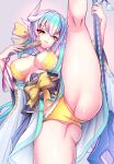  1girl absurdres aqua_hair aqua_kimono bikini bow breasts cameltoe detached_collar dragon_girl dragon_horns fate/grand_order fate_(series) frilled_bikini frills green_hair hand_fan highres horns japanese_clothes kimono kiyohime_(fate) kiyohime_(swimsuit_lancer)_(fate) kiyohime_(swimsuit_lancer)_(first_ascension)_(fate) kneepits large_breasts looking_at_viewer multiple_horns naginata polearm solo split standing standing_on_one_leg standing_split swimsuit weapon wisespeak yellow_bikini yellow_bow yellow_eyes 