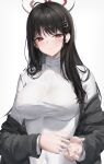  1girl absurdres black_hair blue_archive blush breasts closed_mouth fingernails hair_ornament hairpin halo highres large_breasts long_hair long_sleeves looking_at_viewer red_eyes renge_(730) rio_(blue_archive) simple_background solo sweater turtleneck turtleneck_sweater upper_body white_background white_sweater 