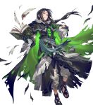 1boy black_cape black_gloves black_hair cape damaged facial_mark fire_emblem fire_emblem:_path_of_radiance fire_emblem_heroes forehead_mark gloves glowing green_cape green_eyes highres long_hair multicolored_cape multicolored_clothes non-web_source official_alternate_costume official_art ponytail sandals solo soren_(fire_emblem) soren_(resplendent)_(fire_emblem) torn_book torn_cape torn_clothes torn_sleeves 