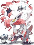  alternate_color big_hair black_fur blue_eyes bright_pupils brown_pupils claws commentary_request evolutionary_line grey_fur grin hisuian_zoroark hisuian_zorua multicolored_hair no_humans pokemon pokemon_(creature) red_hair sharp_teeth shiny_pokemon simple_background smile standing teeth two-tone_hair uru_(ururu0731) white_background white_hair white_pupils yellow_eyes zorua 