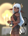  1girl arm_tattoo blurry blurry_background breasts candelabra chained_wrists cowboy_shot cuffs curled_horns dark-skinned_female dark_skin demon_horns demon_tail depth_of_field eyebrows_visible_through_hair from_side highres horns leg_tattoo long_pointy_ears looking_at_viewer looking_to_the_side niseoto o-ring o-ring_top original own_hands_together parted_lips pointy_ears pubic_tattoo red_eyes shoulder_tattoo small_breasts solo standing tail tattoo white_hair 