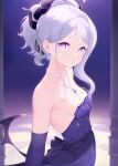 1girl bare_shoulders blue_archive blush breasts chiyami dress earrings elbow_gloves gloves hair_ribbon halo hina_(blue_archive) hina_(dress)_(blue_archive) horns jewelry looking_at_viewer medium_hair multiple_horns necklace purple_dress purple_eyes purple_gloves ribbon small_breasts solo swept_bangs white_hair wings 