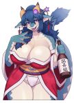 2024 accessory alcohol anthro asian_clothing beverage big_breasts blue_body blue_hair bottle braided_hair breasts cleavage clothed clothing collarbone container dragon ear_piercing east_asian_clothing eyebrows eyelashes female flower flower_in_hair fundoshi glistening glistening_breasts glistening_thighs hair hair_accessory hi_res holding_bottle holding_container holding_object horn huge_breasts japanese_clothing looking_at_viewer open_mouth piercing plant purple_eyes scalie solo tail tail_tuft thick_thighs tuft underwear white_body white_clothing white_fundoshi white_underwear wide_hips wingless_dragon yamame513 yukata