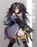  1girl arm_behind_head bangs black_hair black_jacket black_legwear c-ms_(girls&#039;_frontline) cbj-ms character_name dress girls&#039;_frontline grey_background gun hair_between_eyes holding holding_gun holding_weapon jacket long_hair looking_at_viewer mecroty mole mole_under_eye red_eyes single_thighhigh solo thighhighs third-party_source weapon white_dress 