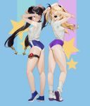  2girls absurdres alternate_costume armpits arms_up ass bare_arms black_hair blonde_hair blue_background blue_buruma blue_footwear blush breasts buruma embarrassed eyepatch fischl_(genshin_impact) floating_hair from_side full_body genshin_impact green_eyes hair_ornament highres legs long_hair looking_at_viewer medium_breasts midfinger mole mole_on_armpit mona_(genshin_impact) multiple_girls purple_buruma ribbon shirt shoes short_sleeves simple_background smile socks star_(symbol) star_hair_ornament tachi-e thigh_strap thighs twintails two_side_up v very_long_hair white_footwear white_shirt white_socks 