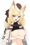  1girl :d animal_ears arknights arms_under_breasts black_bow black_headwear black_sweater blonde_hair blue_eyes blush bow breasts cloak clothes_lift commentary_request eyebrows_visible_through_hair fang hair_bow hat highres horse_ears korean_commentary lancer_(worudrleh1) large_breasts long_hair navel nipples open_mouth ribbed_sweater simple_background skin_fang smile solo stomach sweater sweater_lift thick_eyebrows turtleneck turtleneck_sweater upper_body v-shaped_eyebrows whislash_(arknights) white_background white_cloak 