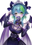  1girl absurdres aqua_hair black_dress blush breasts bsapricot_(vtuber) candy character_name claw_pose cleavage cleavage_cutout clothing_cutout commentary_request commission corset demon_wings dress earrings eyebrows_visible_through_hair fingernails food green_eyes green_hair highres horns in_mouth jewelry lich lollipop medium_breasts multicolored_hair multiple_horns neko_neko_ne_katta pointy_ears purple_nails sharp_fingernails short_hair short_hair_with_long_locks skeb_commission skull solo streaked_hair sword_earrings tiara virtual_youtuber vshojo white_background wings 