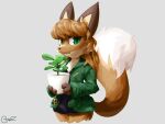 anthro averi_(fiddleafox) brown_body brown_fur canid canine clothing dipstick_tail female female_anthro fox fur gloves_(marking) green_clothing green_eyes hair looking_at_viewer mammal markings nakios plant plant_pot potted_plant simple_background solo standing tail tail_markings white_body white_fur