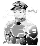  1boy :d bara cropped_torso facial_hair fujishima_kazuya goatee goggles greyscale hat large_pectorals live_a_hero looking_at_viewer male_focus monochrome muscular muscular_male peaked_cap pectorals police police_uniform policeman shaft_(live_a_hero) short_hair sideburns_stubble smile solo sparkle_background stubble thick_eyebrows translation_request uniform 