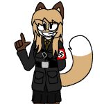 anthro armband averi_(fiddleafox) belt black_clothing bottomwear brown_body brown_fur canid canine clothing dipstick_tail female female_anthro fox fur gloves_(marking) hair jacket leg_markings looking_at_viewer low_res mammal markings nazi necktie simple_background skirt smile socks_(marking) solo standing swastika tail tail_markings topwear unknown_artist waist_belt white_body white_fur