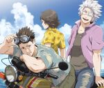  bara black_hair blue_shirt brown_eyes brown_hair chousokabe_motochika_(sengoku_basara) closed_eyes cloud collared_shirt day denim denim_shorts eyepatch goggles goggles_on_head green_shorts grey_hair hawaiian_shirt jewelry jigoku_meguri motor_vehicle motorcycle mouri_motonari_(sengoku_basara) muscular muscular_male necklace on_motorcycle one_eye_covered open_clothes open_mouth open_shirt outdoors purple_shirt sengoku_basara shirt short_hair shorts sky smile tokugawa_ieyasu_(sengoku_basara) yellow_shirt 