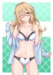  1girl blonde_hair blue_shirt blush bow bow_bra bow_panties bra breasts cleavage closed_mouth commentary cowboy_shot dress_shirt frown glasses green_background green_eyes groin highres light_smile long_hair long_sleeves looking_at_viewer medium_breasts messy_hair navel no_pants off_shoulder one_eye_closed open_clothes open_shirt original panties parted_lips red-framed_eyewear rei_(09991) shirt solo standing underwear undressing white_bra white_girl_(rei) white_panties 