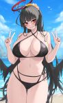  1girl ass_visible_through_thighs beach bikini black_bikini black_hair black_nails blue_archive blue_sky blunt_bangs blush breasts cloud commentary_request cowboy_shot criss-cross_halter day double_v halo halterneck head_tilt highres kuavera large_breasts long_hair looking_at_viewer low_wings multi-strapped_bikini_bottom nail_polish navel ocean official_alternate_costume outdoors red_eyes sideboob sky solo standing stomach swimsuit thighs tsurugi_(blue_archive) tsurugi_(swimsuit)_(blue_archive) v very_long_hair water wings 