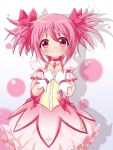  1girl blush bow bubble_skirt choker gloves highres kaname_madoka looking_at_viewer magical_girl mahou_shoujo_madoka_magica mahou_shoujo_madoka_magica_(anime) pink_eyes pink_hair short_hair short_twintails skirt smile solo soul_gem twintails white_gloves yoppi98ro 
