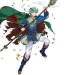  1boy aqua_eyes aqua_hair blue_footwear blue_tunic boots cape clenched_teeth damaged ephraim_(fire_emblem) ephraim_(valentine)_(fire_emblem) fire_emblem fire_emblem:_the_sacred_stones fire_emblem_heroes flower green_cape highres holding holding_polearm holding_weapon laurel_crown multicolored_cape multicolored_clothes non-web_source official_alternate_costume official_art pants petals polearm red_cape short_hair solo teeth torn_cape torn_clothes tunic v-shaped_eyebrows weapon white_pants 