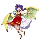  1girl bracelet dragon_girl dragon_wings dragonstone dress fire_emblem fire_emblem:_the_sacred_stones fire_emblem_heroes flower frilled_dress frills hair_flower hair_ornament highres holding holding_flower jewelry non-web_source official_alternate_costume official_art open_mouth puffy_short_sleeves puffy_sleeves purple_eyes purple_hair red_dress short_sleeves smile solo two_side_up white_dress wings 
