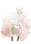  2boys animal_ears artist_name beard_stubble blanket blue_eyes blush cable_knit closed_eyes commentary couch cup curly_eyebrows eeyasu_(samarian) facial_hair fox_boy fox_ears fox_tail full_body green_sweater hair_over_one_eye hand_on_another&#039;s_back holding holding_cup long_bangs long_sleeves looking_down lying lying_on_lap lying_on_person male_focus multiple_boys mustache_stubble on_side one_piece pants pillow plaid plaid_blanket roronoa_zoro sanji_(one_piece) short_hair simple_background sitting stubble sweater tail tiger_boy tiger_ears tiger_tail twitter_username under_covers winter_clothes 