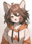 2023 :3 absurd_res anthro bangs black_nose brown_ears brown_hair cel_shading chest_tuft clothed clothing digital_drawing_(artwork) digital_media_(artwork) eyeshadow felid feline female front_view fully_clothed fur hair half-length_portrait hi_res hoodie inner_ear_fluff kemono looking_at_viewer makeup mammal monotone_body monotone_fur monotone_hair orange_eyeshadow portrait shaded short_hair side_bangs signature simple_background solo tomotiso2k topwear tuft white_body white_fur white_inner_ear white_inner_ear_fluff