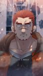  1boy absurdres adam&#039;s_apple akashi_(live_a_hero) bara constricted_pupils embers facial_hair fujishima_kazuya goatee highres large_pectorals live_a_hero long_sideburns looking_at_viewer male_focus muscular muscular_male pectoral_cleavage pectorals red_eyes red_hair scar scar_on_face scar_on_nose short_hair sideburns solo thick_eyebrows upper_body 