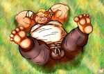 anthro bottomwear chubby_belly clothed clothing digital_media_(artwork) eye_contact feet geld_(that_time_i_got_reincarnated_as_a_slime) hi_res laying_on_grass looking_at_another male mammal overweight overweight_male pants red_panda_mirr shirt simple_background solo solo_focus spread_legs spreading suid suina sus_(pig) that_time_i_got_reincarnated_as_a_slime topwear wild_boar