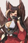  1girl absurdres akagi_(azur_lane) animal_ears azur_lane bangs black_gloves black_hair blunt_bangs breasts cleavage commentary_request covering_mouth eyebrows_visible_through_hair eyeshadow fox_ears fox_girl fox_tail gloves hair_tubes highres japanese_clothes kyuubi long_hair long_sleeves looking_at_viewer makeup multiple_tails ojisan_kamo_shiremasen pleated_skirt red_eyes red_skirt sidelocks skirt solo tail wide_sleeves 