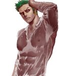  1boy bara covered_abs covered_nipples earrings green_hair hand_on_own_head jewelry large_pectorals long_sideburns makuro_(inmomakuro) male_focus muscular muscular_male one_piece pectorals roronoa_zoro see-through shirt short_hair sideburns single_earring solo upper_body v-neck wet wet_clothes wet_shirt white_background 