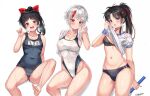  3girls artist_name bangs baton black_bra black_buruma black_eyes black_hair blue_swimsuit bow bra breasts buruma cenangam cleavage closed_mouth clothes_lift commentary competition_swimsuit cousins covered_navel double_vertical_stripe eyebrows_visible_through_hair groin gym_shirt gym_uniform hair_bow half-closed_eyes han&#039;you_no_yashahime highleg highleg_swimsuit highres higurashi_towa holding inuyasha invisible_chair large_breasts lifted_by_self light_frown long_hair medium_breasts medium_hair moroha multicolored_hair multiple_girls name_tag navel old_school_swimsuit one-piece_swimsuit open_mouth ponytail purple_eyes red_bow red_eyes red_hair school_swimsuit see-through setsuna_(inuyasha) shirt shirt_lift short_hair short_sleeves siblings signature silver_hair simple_background sisters sitting skindentation small_breasts smile standing steam streaked_hair sweat swimsuit t-shirt towel towel_around_neck underwear wet wet_clothes wet_shirt wet_swimsuit white_background white_swimsuit wiping_sweat 