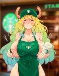  1girl apron areola_slip areolae bangs bare_shoulders barista blurry blurry_background blush breasts cafe closed_eyes cup dirty dirty_clothes disposable_cup dragon_girl gradient_hair green_apron green_hair green_headwear highres holding holding_cup holding_marker horns horns_through_headwear huge_breasts iced_latte_with_breast_milk_(meme) indoors kobayashi-san_chi_no_maidragon large_areolae long_hair lucoa_(maidragon) marker meme multicolored_hair naked_apron nipple_slip nipples noiretox smile starbucks 