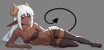  1girl :3 arm_support bandeau bare_arms bare_shoulders black_legwear breasts commentary curled_horns dark-skinned_female dark_skin demon_horns demon_tail eyebrows_visible_through_hair full_body grey_background grey_shorts highres horns jitome looking_at_viewer lying navel niseoto on_side original pointy_ears red_eyes seductive_smile short_shorts shorts simple_background small_breasts smile smug solo strapless tail thighhighs yellow_belt 