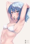  1girl armpits blue_eyes blue_hair blush bra breasts hair_between_eyes highres hololive hoshimachi_suisei long_hair looking_at_viewer mouth_hold mr.canaryy navel presenting_armpit small_breasts solo star_(symbol) star_in_eye symbol_in_eye underwear virtual_youtuber white_bra 