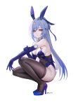  1girl alternate_costume animal_ears black_thighhighs blue_footwear blue_gloves blue_hair breasts cleavage covered_navel elbow_gloves fake_animal_ears fake_tail gloves high_heels highres honkai:_star_rail honkai_(series) jingliu_(honkai:_star_rail) large_breasts long_hair looking_at_viewer pink_eyes rabbit_ears rabbit_tail rity sidelocks simple_background solo squatting tail thighhighs thighs very_long_hair white_background 