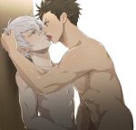  2boys abs black_hair closed_mouth completely_nude couple grabbing_another&#039;s_hair grey_hair ishida_mitsunari_(sengoku_basara) jigoku_meguri licking licking_another&#039;s_face looking_at_another male_focus multiple_boys navel nipples nude sengoku_basara short_hair simple_background tokugawa_ieyasu_(sengoku_basara) toned toned_male tongue tongue_out upper_body yaoi 