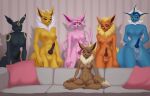 anthro big_breasts black_body blue_body breasts brown_body eevee eeveelution erection espeon female flareon furniture generation_1_pokemon generation_2_pokemon genitals group gynomorph hi_res il&#039;ka inside intersex jolteon knot looking_at_another looking_at_viewer meme monotone_body nintendo nipples penis pillow pink_body piper_perri_surrounded pokemon pokemon_(species) pussy red_body smile smiling_at_viewer sofa tail umbreon vaporeon yellow_body