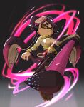  1girl agent_3_(splatoon) agent_3_(splatoon)_(cosplay) black_background black_hair bow-shaped_hair callie_(splatoon) closed_mouth commentary cosplay food food_on_head full_body gradient_background gradient_hair grey_background highres jacket long_hair mole mole_under_eye multicolored_clothes multicolored_hair multicolored_jacket object_on_head pink_hair pointy_ears smile solo splat_roller_(splatoon) splatoon_(series) splatoon_1 star-shaped_pupils star_(symbol) sushi symbol-shaped_pupils tara_sli tentacle_hair thick_eyebrows two-tone_background two-tone_hair two-tone_jacket white_jacket yellow_eyes yellow_jacket zipper zipper_pull_tab 