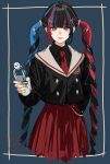  1girl alternate_costume black_hair black_jacket black_shirt blue_background blue_hair blunt_bangs border bottle buttons closed_mouth collared_shirt commentary_request cropped_legs double-breasted hand_in_pocket hand_up harusaruhi highres holding holding_bottle incoming_drink isshiki_(ffmania7) jacket kamitsubaki_studio long_hair long_sleeves looking_at_viewer multicolored_hair necktie pleated_skirt red_eyes red_hair red_necktie red_skirt sailor_collar school_uniform shirt sidelocks signature skirt smile solo twintails twisted_hair two-tone_eyes virtual_youtuber water_bottle white_sailor_collar yellow_eyes yellow_nails 