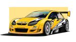  absurdres border car english_commentary highres malaysian_flag manziqr motor_vehicle no_humans original outside_border proton_(automobile) proton_satria race_vehicle racecar shadow spoiler_(automobile) white_border yellow_background 