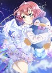  1girl absurdres angel_wings bangs birthday blush commentary curly_hair eyebrows_visible_through_hair green_eyes hair_ornament highres holding holding_stuffed_toy kurosawa_ruby looking_at_viewer love_live! love_live!_school_idol_festival_all_stars love_live!_sunshine!! night night_sky object_hug ranemu red_hair shooting_star short_hair sidelocks sky solo star_(sky) star_(symbol) star_hair_ornament starry_sky stuffed_animal stuffed_penguin stuffed_toy tiara wings 