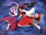  2girls artist_name ascot belt between_fingers black_footwear black_hair bow brown_footwear commentary detached_sleeves dress english_commentary fighting frilled_hair_tubes frilled_skirt frills gohei hair_bow hair_ornament hair_tubes hakurei_reimu highres holding holding_stick holding_sword holding_weapon long_hair mary_janes multiple_girls ofuda pink_eyes ponytail purple_hair rakkidei red_bow red_dress red_eyes red_ribbon red_skirt red_sleeves red_vest ribbon shirt shoes simple_background skirt smile socks stick sword touhou vest watatsuki_no_yorihime weapon white_legwear white_shirt yellow_ascot yellow_ribbon 