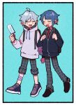  2boys :d ^_^ ahoge backpack bag bandaged_leg bandages black_footwear blue_cardigan blue_footwear blue_hair blunt_bangs blush border brown_bag cardigan chongyun_(genshin_impact) chongyun_(gigo)_(genshin_impact) closed_eyes collared_shirt drawstring food genshin_impact grey_pants hair_between_eyes hand_up holding holding_food holding_popsicle hood hood_down hoodie long_sleeves male_focus multiple_boys necktie nploser official_alternate_costume open_mouth outside_border pants pants_rolled_up parted_bangs popsicle red_necktie red_shirt shirt shoes short_hair smile sneakers standing white_border white_hoodie xingqiu_(genshin_impact) xingqiu_(gigo)_(genshin_impact) 