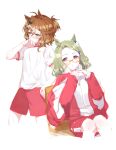  2girls :o ahoge air_messiah_(umamusume) blush breasts brown_hair chair cropped_legs embarrassed glasses green_hair hair_ornament hairclip jacket jacket_on_shoulders jungle_pocket_(umamusume) long_sleeves multiple_girls purple_eyes red_jacket red_shorts romi_(346_ura) short_hair short_ponytail short_sleeves shorts simple_background sitting small_breasts sweat track_jacket umamusume white_background wiping_sweat yellow_eyes 