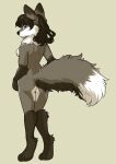 anthro bonbonsart breasts butt canid canine casual_nudity cel_shading chest_fur female fluffy fluffy_tail fox hi_res looking_at_viewer mammal medium_breasts nipples nude rear_view shaded side_boob simple_background sketch solo solo_focus standing tail