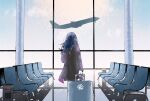  1girl ado_(utaite) aircraft airplane airport black_coat blue_hair chair chando_(ado) cloud_nine_inc coat commentary_request from_behind highres indoors long_hair long_sleeves rolling_suitcase solo suitcase umeboshi_(lbsmo8ue2qm2rhk) utaite window 