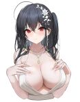  1girl afpl_(parrotz4) azur_lane bangs black_hair breasts cleavage closed_mouth dress earrings eyebrows_visible_through_hair flower hair_between_eyes hair_flower hair_ornament hair_strand hands_up highres jewelry large_breasts long_hair looking_at_viewer messy_hair necklace official_alternate_costume red_eyes side_ponytail sidelocks solo taihou_(azur_lane) taihou_(temptation_on_the_sea_breeze)_(azur_lane) upper_body white_background white_dress 
