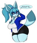 2024 accessory anthro big_breasts blue_body blue_eyes blue_hair bottomwear breasts clothing dialogue eeveelution eyewear generation_4_pokemon glaceon glasses hair hair_accessory hair_tie hand_on_chest hi_res hoodie i_am_kat95 looking_at_viewer nintendo open_mouth pokemon pokemon_(species) ponytail shirt shorts slightly_chubby solo thick_thighs topwear
