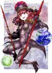  1girl artist_name black_headwear bodysuit chain collar commission cosplay earth_(ornament) fate/grand_order fate_(series) full_body gae_bolg_(fate) hecatia_lapislazuli high_heels holding holding_polearm holding_weapon medium_hair moon_(ornament) multicolored_background polearm purple_bodysuit red_ball red_eyes red_hair sakurai_haruto scathach_(fate) scathach_(fate)_(cosplay) skeb_commission solo touhou underworld_(ornament) weapon 