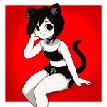  1girl animal_ear_fluff animal_ears bare_legs bell black_camisole black_choker black_eyes black_hair black_nails bob_cut camisole cat_girl cat_tail choker colored_skin dolphin_shorts gato_del_futuro hand_in_own_hair marie_(gato_del_futuro) midriff navel neck_bell original red_background red_theme short_hair shorts simple_background sitting smirk solo tail tank_top thighs white_skin 