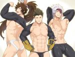  3boys abs back bara bare_pectorals biceps black_gloves black_male_underwear black_pants chousokabe_motochika_(sengoku_basara) closed_mouth eyepatch fingerless_gloves flexing gloves jigoku_meguri jockstrap large_pectorals long_hair maeda_keiji_(sengoku_basara) male_focus male_underwear multiple_boys muscular muscular_male navel nipples one_eye_covered open_mouth pants pectorals ponytail sengoku_basara shrug_(clothing) smile teeth tokugawa_ieyasu_(sengoku_basara) underwear vambraces white_male_underwear 