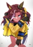  1girl absurdres animal_ears black_gloves blue_eyes brown_hair daring_heart_(umamusume) ear_covers feet_out_of_frame freely2327 gloves highres horse_ears horse_girl horse_tail jacket long_hair long_sleeves looking_at_viewer multicolored_hair simple_background single_ear_cover skirt solo streaked_hair tail umamusume white_background white_hair yellow_jacket yellow_skirt 